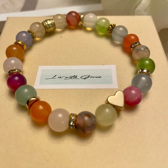 Jewelry - Rainbow Multi Colored Agate Gemstone bracelet, heart charm, stretch